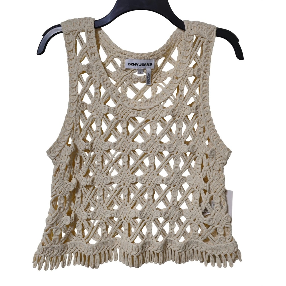 DKNY Jeans Macrame Crochet Tank Top Fringe Hem Cream Boho Size S
